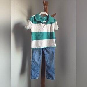 Old Navy Green and White Striped Kids Polo Shirt And Jeans